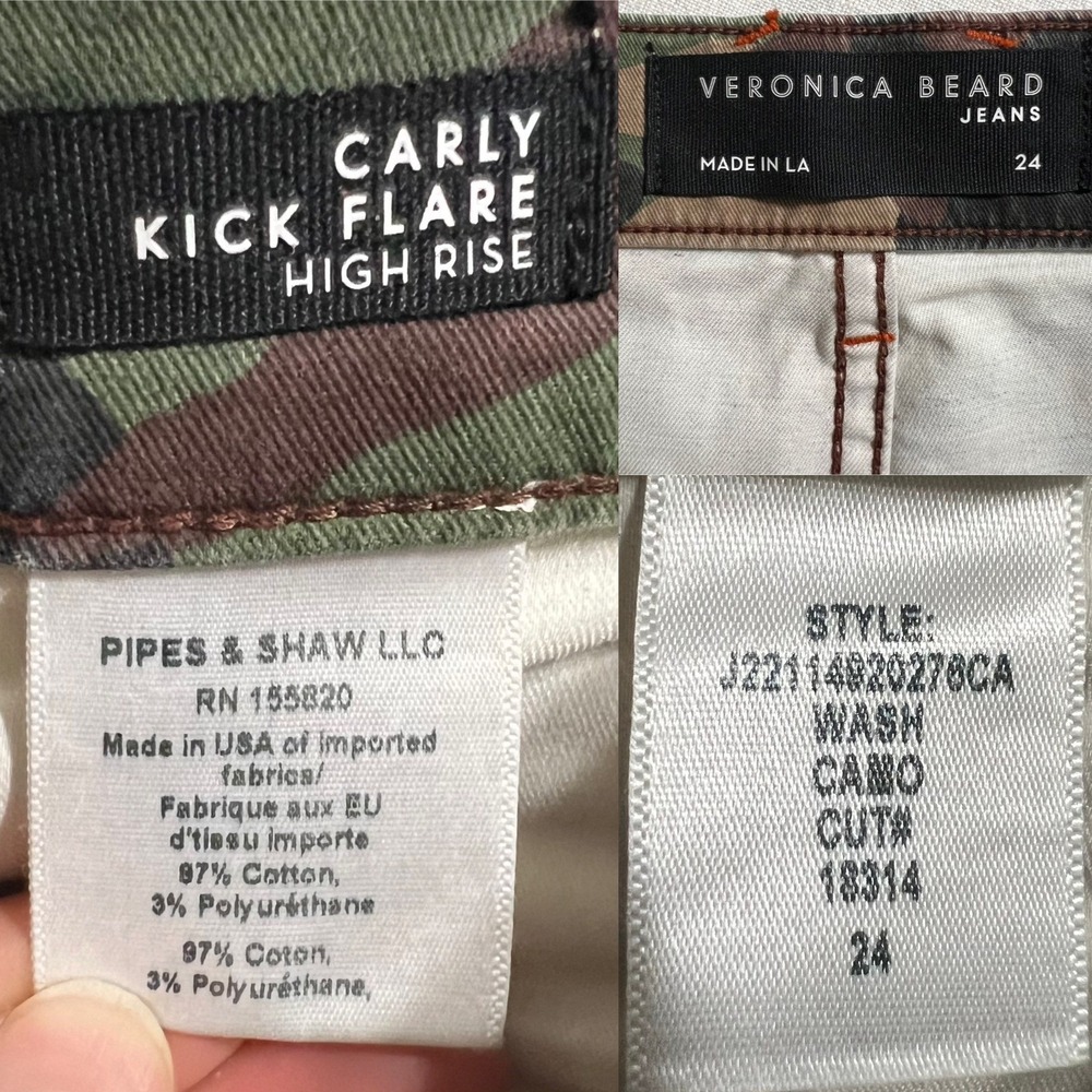 Veronica Beard Carly Kick Flare High Rise Jeans Camo Print Button Fly Size 24 - Picture 10 of 10